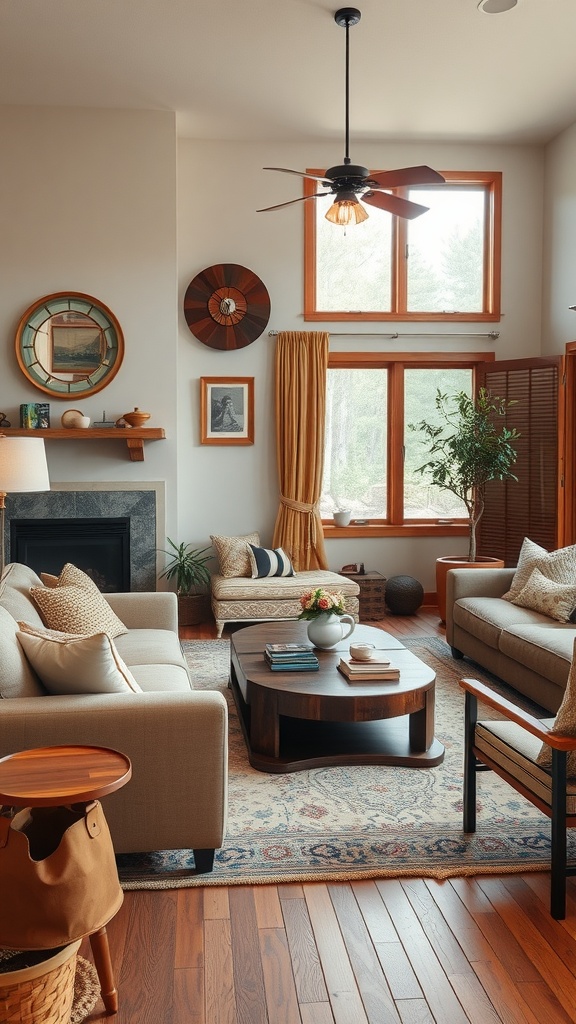 A modern western living room with neutral sofas, large windows, warm drapes, and wooden floors.