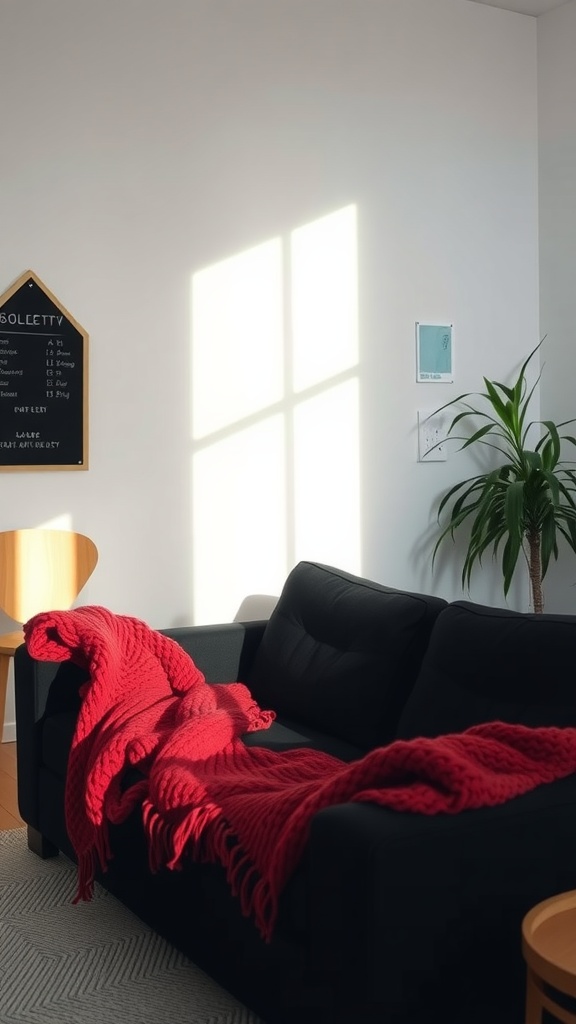 A cozy living room featuring a black couch with a red knitted blanket, a wooden chair, and a potted plant by the window.