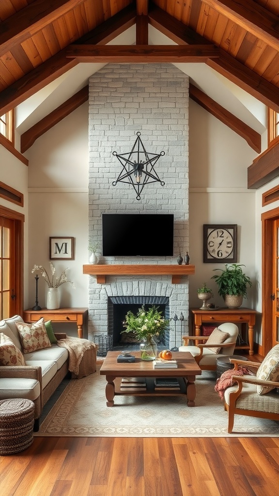 Cozy living room featuring Craftsman-style detailing with wooden beams, brick fireplace, and comfortable seating.