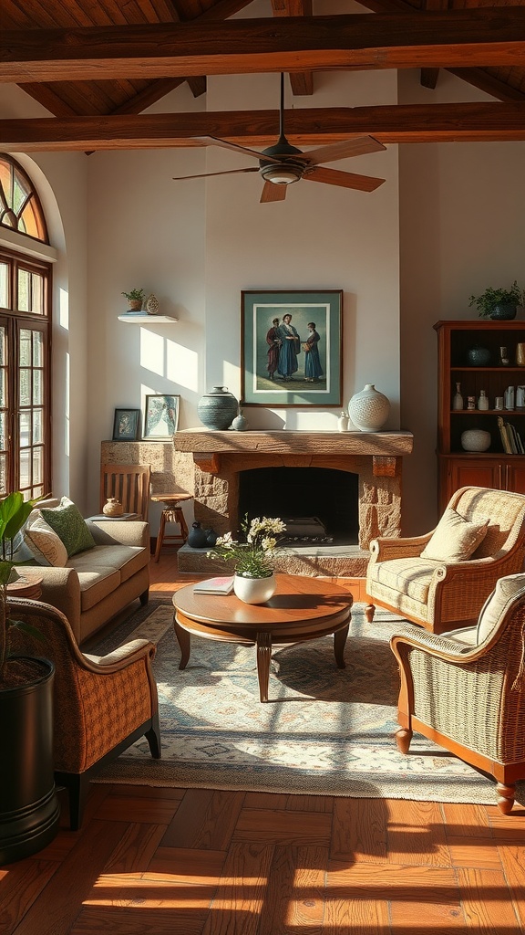 A cozy farmhouse style living room featuring wooden beams, a stone fireplace, and comfortable seating.