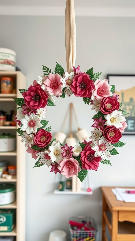 Colorful fabric flower wreath hanging on a wall