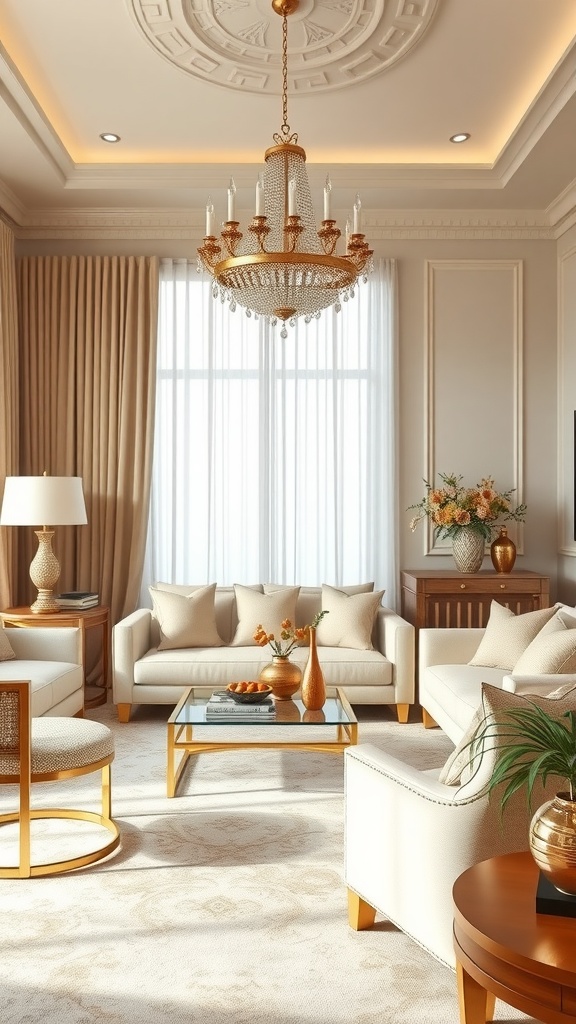 A beautifully decorated living room featuring cream and gold accents, including a chandelier, furniture, and decorative accessories.