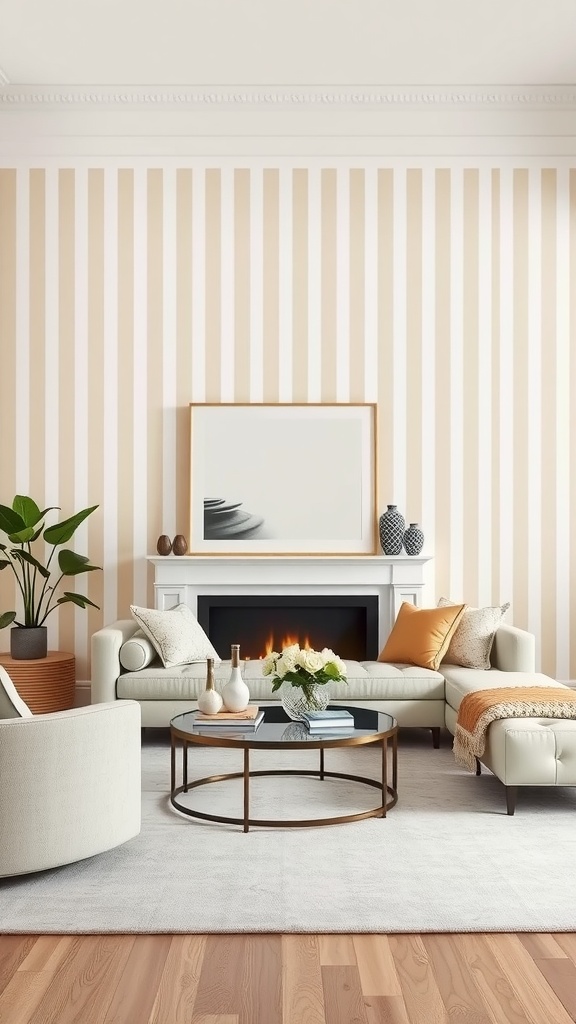 Living room with cream and white striped wallpaper, featuring a cozy sectional sofa, a round coffee table, and decorative plants.