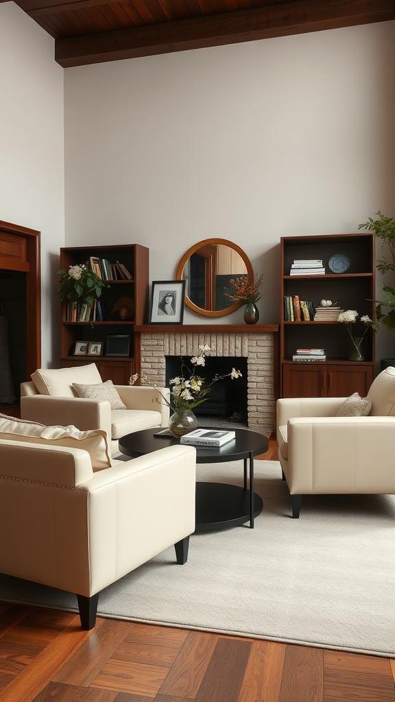 Cozy living room featuring cream leather armchairs, a coffee table, and a fireplace