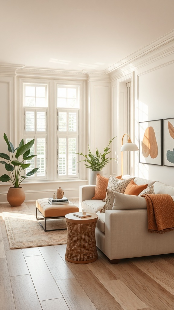 A neutral living room featuring creamy ivory walls, a cozy cream sofa with orange accents, and natural light flooding in through large windows.