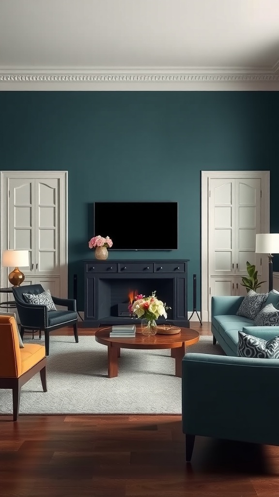 A formal living room featuring teal walls, a navy sofa, an orange chair, and a stylish coffee table.