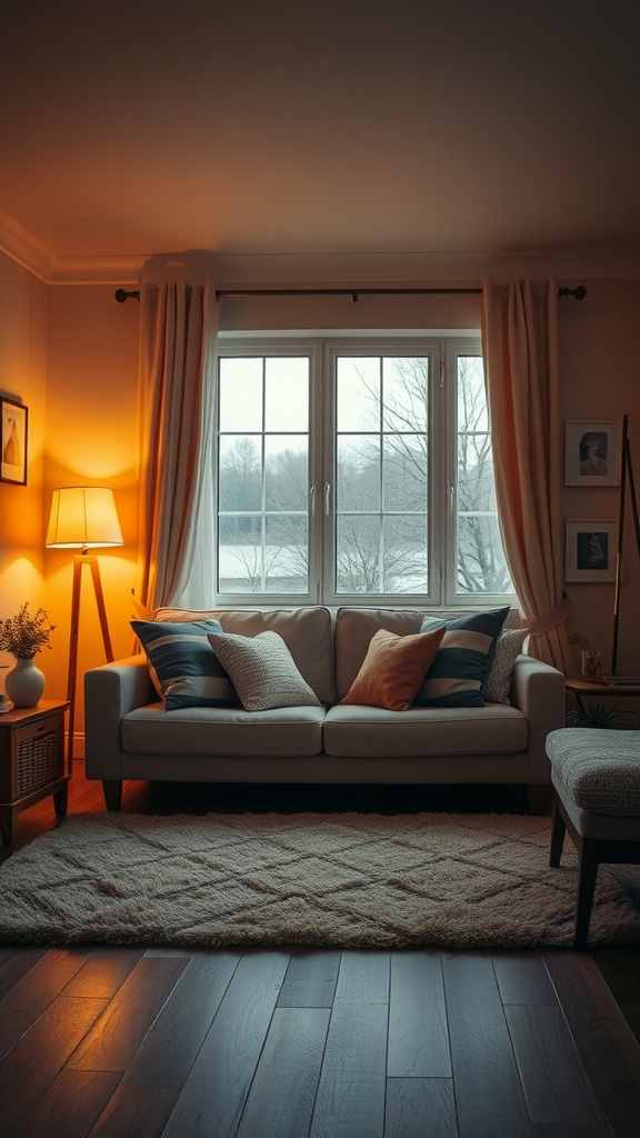 A cozy living room with warm lighting, featuring a floor lamp, a comfortable sofa with cushions, and a window with natural light.