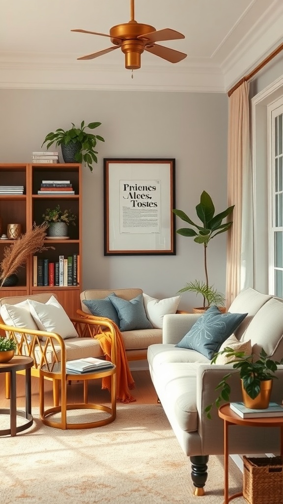 Cozy living room nook with gold accents, comfortable furniture, and plants