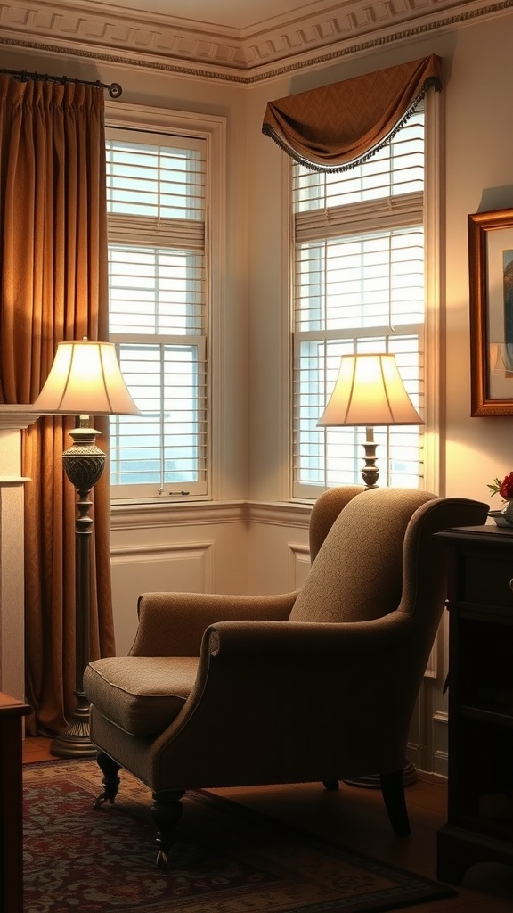 A cozy nook in a formal living room with an armchair, lamps, and warm curtains