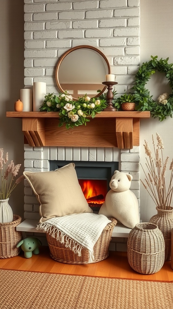 Cozy fireplace nook with white brick, wooden mantel, greenery, mirror, candles, and soft textures.