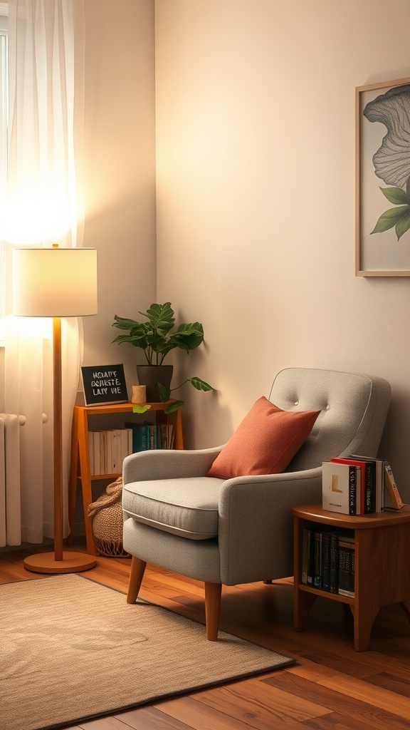 A cozy reading nook featuring a comfortable armchair, a lamp, a side table with books, and a plant.