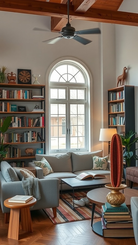 Cozy reading nook in a modern western living room with a gray sofa, bookshelves, and warm decor.