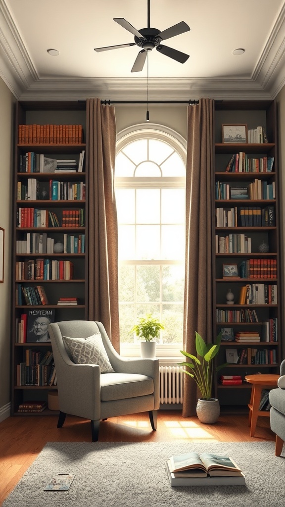 A cozy reading nook with a comfortable armchair, bookshelves filled with books, and a large window