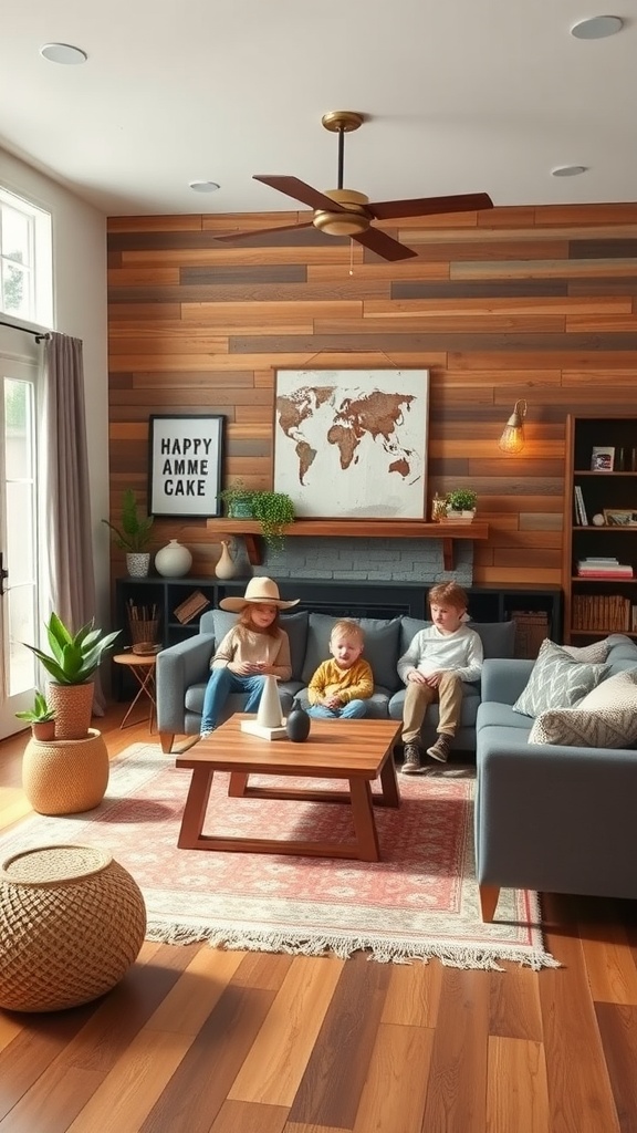 A family-friendly modern western living room featuring kids on a couch, wooden accents, and bright decor.