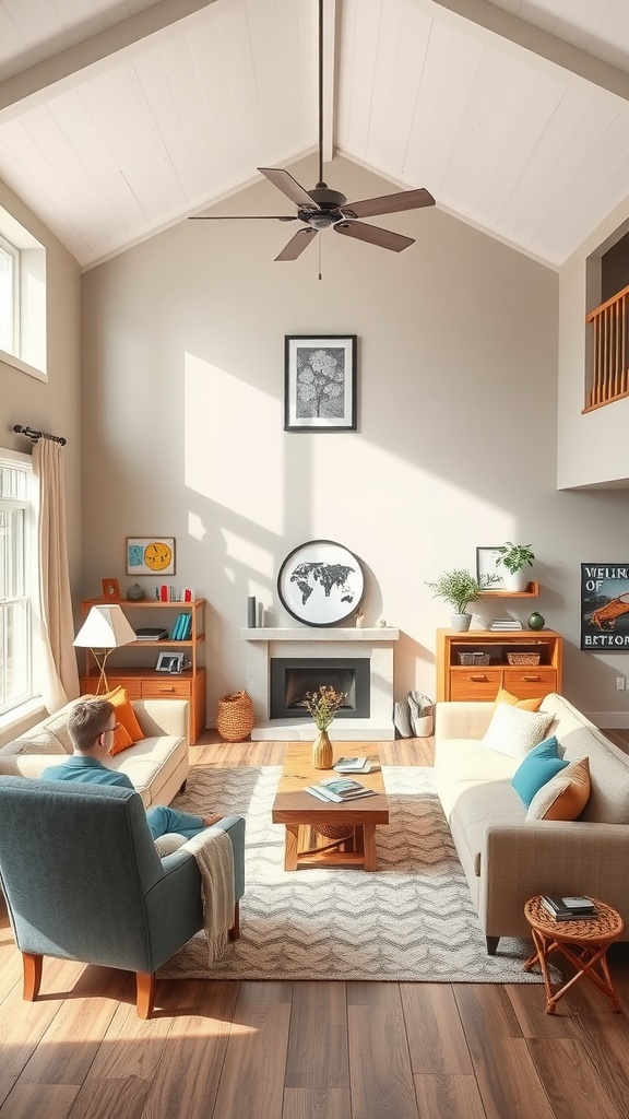 Cozy family-friendly living room with high ceiling, comfortable seating, and bright decor