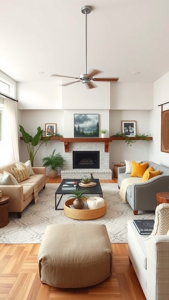 A cozy and inviting living room with two sofas, a coffee table, and a fireplace.