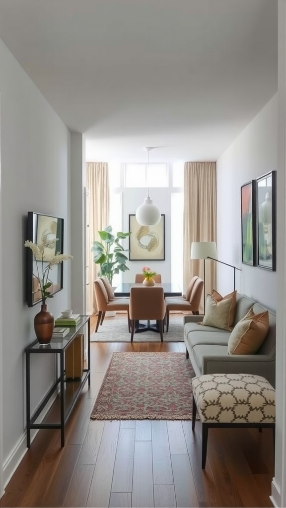 A long narrow living room transitioning into a dining area, featuring a cozy sofa, dining table, and decorative elements.