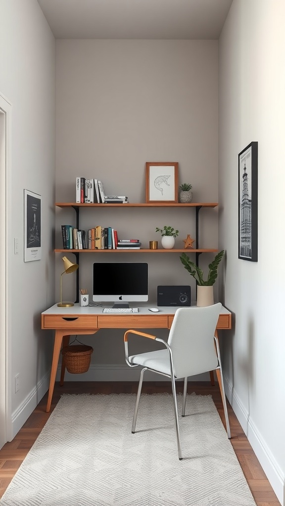 A compact workspace in a narrow living room with a desk, shelves, and chair.