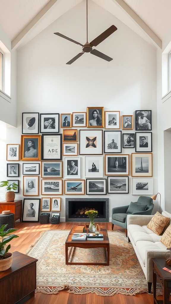 A high-ceiling living room with a gallery wall featuring various framed photographs.