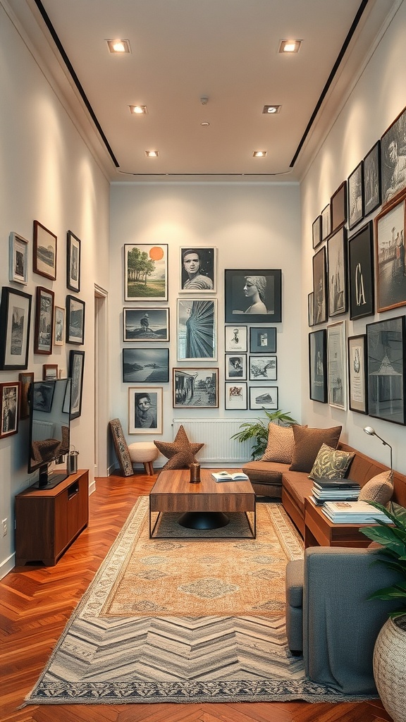 A long narrow living room featuring a gallery wall filled with framed art and photographs, complemented by stylish furniture and decor.