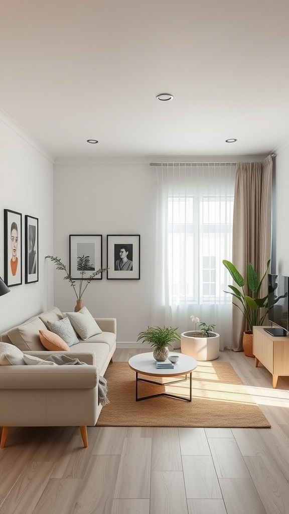 A small minimalist living room featuring a light sofa, simple decor, plants, and a round coffee table.