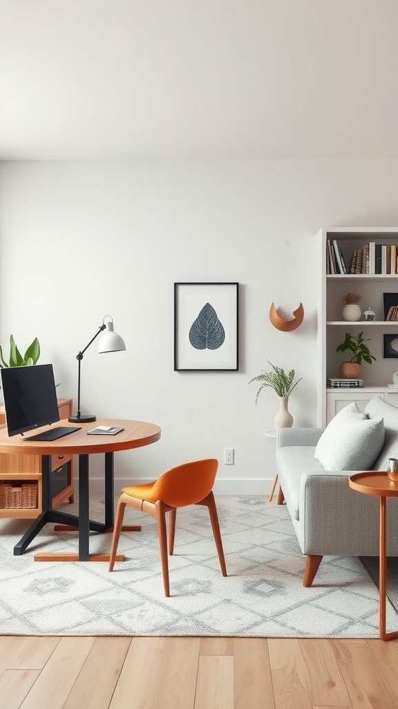 A cozy living room featuring a workspace with a wooden table, an orange chair, and a light gray sofa, surrounded by plants and wall art.