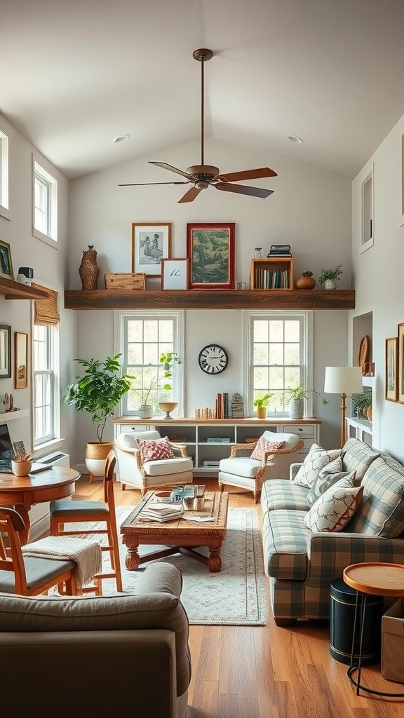 A cozy living room with a mix of seating, decorative elements, and natural light.