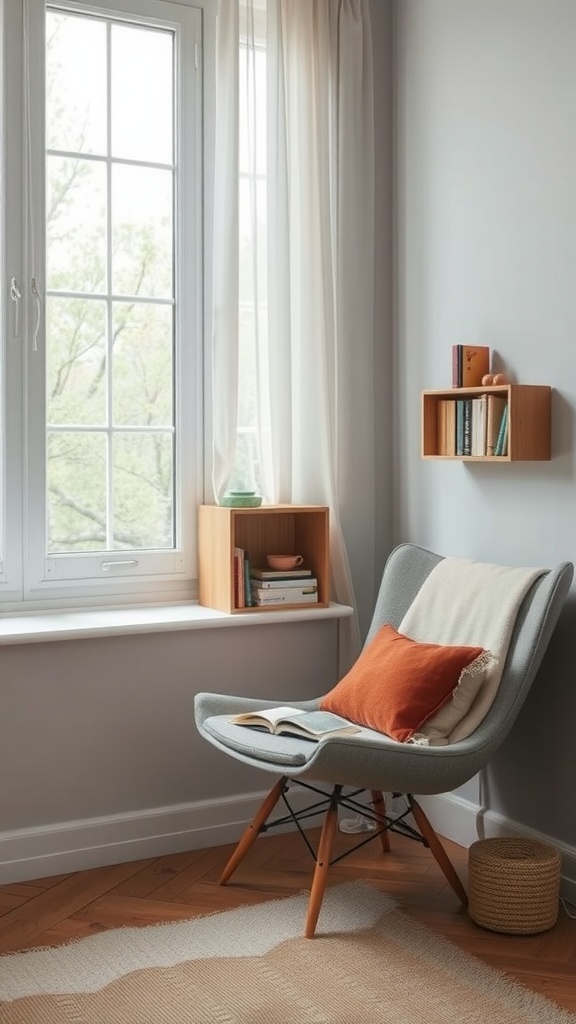 A cozy reading nook with a stylish chair, window with sheer curtains, and a small shelf of books.