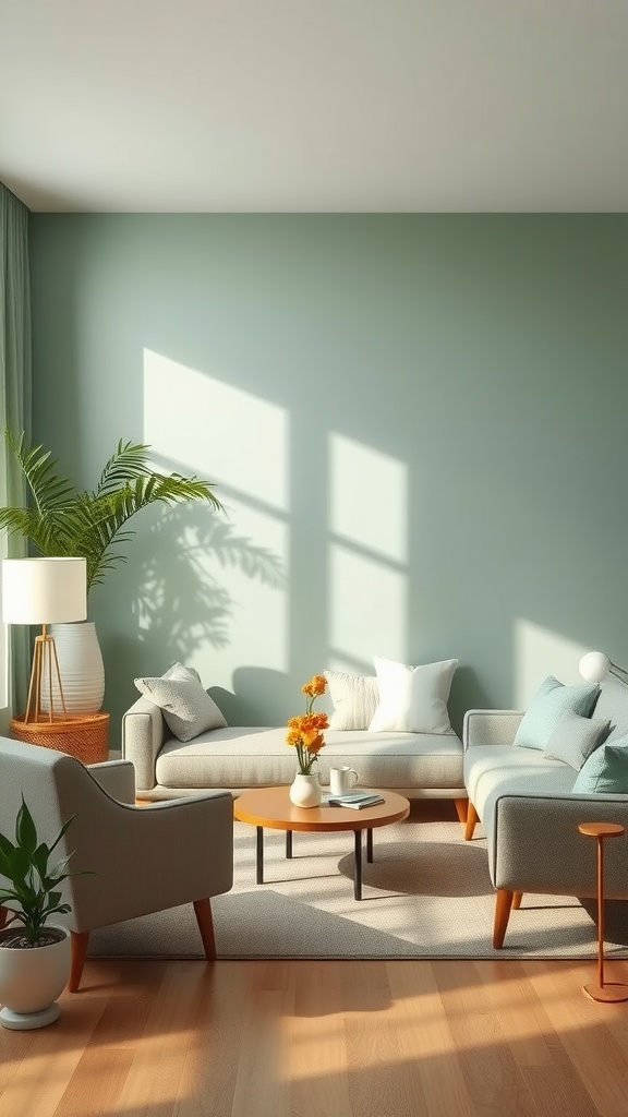 A relaxed living room featuring sage green walls, light gray furniture, and natural sunlight.