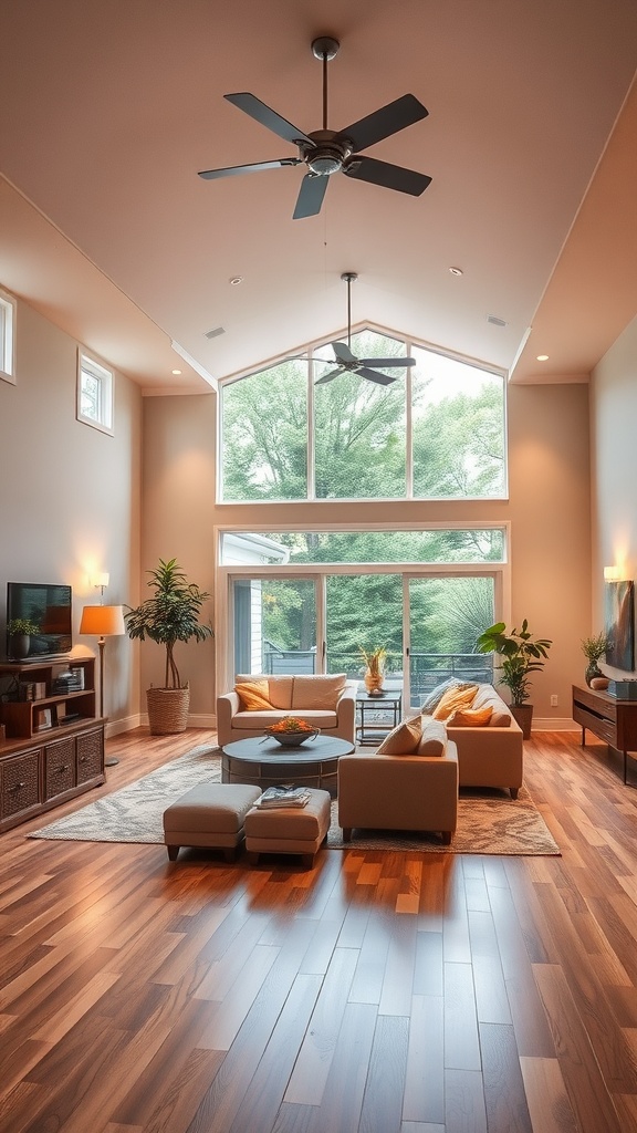 Open concept living room with large windows, natural light, and cozy seating arrangement.