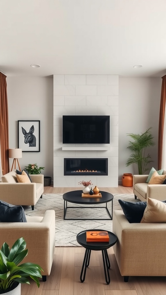 Stylish beige and black living room with a central coffee table, modern furniture, and a cozy atmosphere.