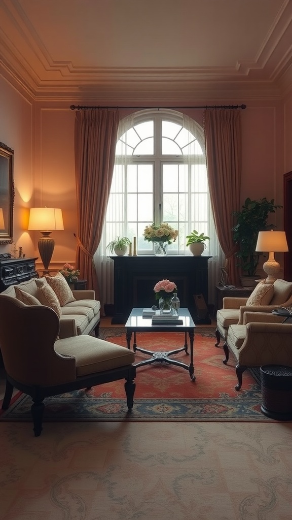 A formal living room with elegant furniture, soft lighting, and potted plants.