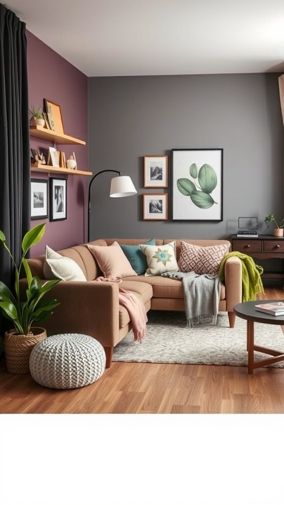 Cozy small living room with a brown sofa, plants, artwork, and accessories