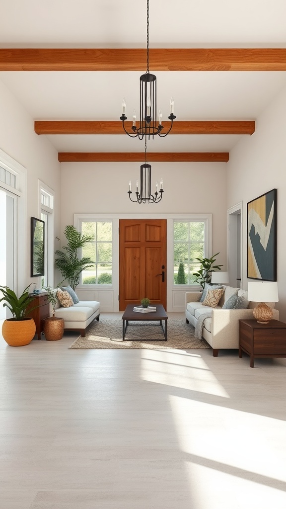 A bright and inviting open concept living room with a wooden entrance door, large windows, and tasteful furniture.