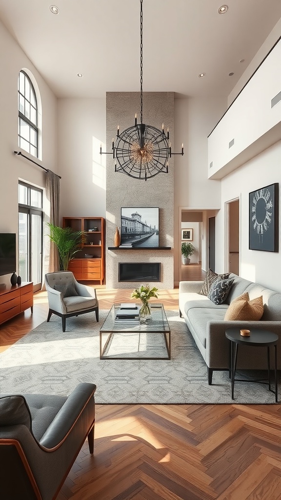 A formal living room featuring large windows, a statement chandelier, and a stylish arrangement of furniture.