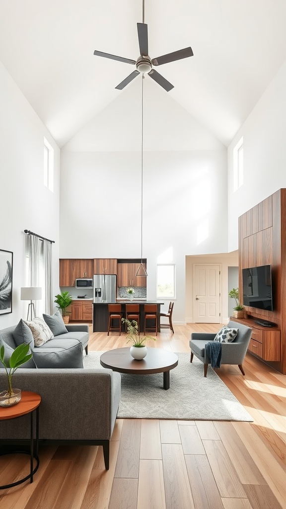 A spacious living room with high ceilings, modern furniture, and an open floor plan connecting to the kitchen.