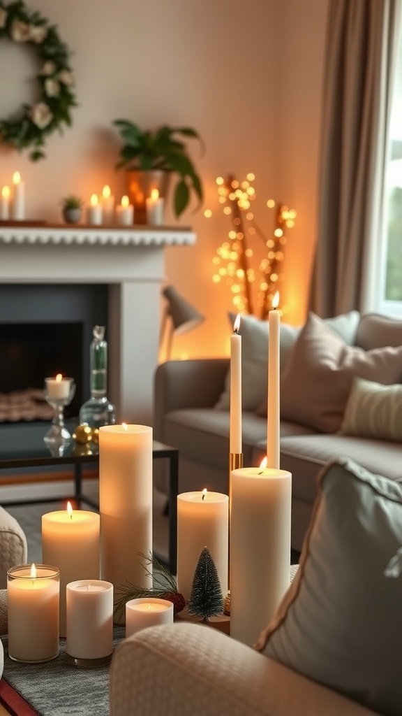 A cozy living room with various candles on display, creating a warm ambiance.