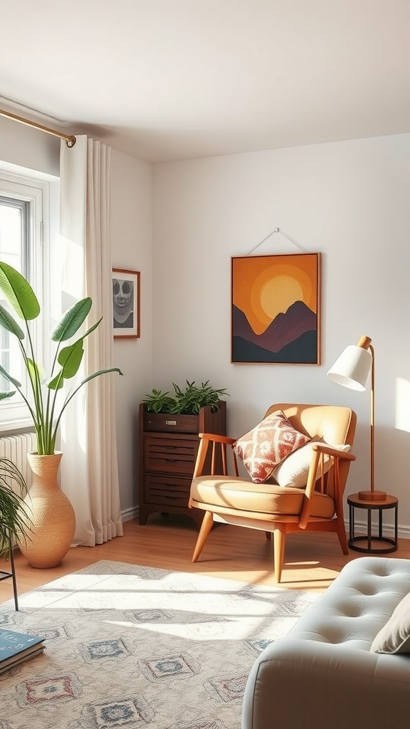 A cozy midcentury modern living room nook with an armchair, plants, and art