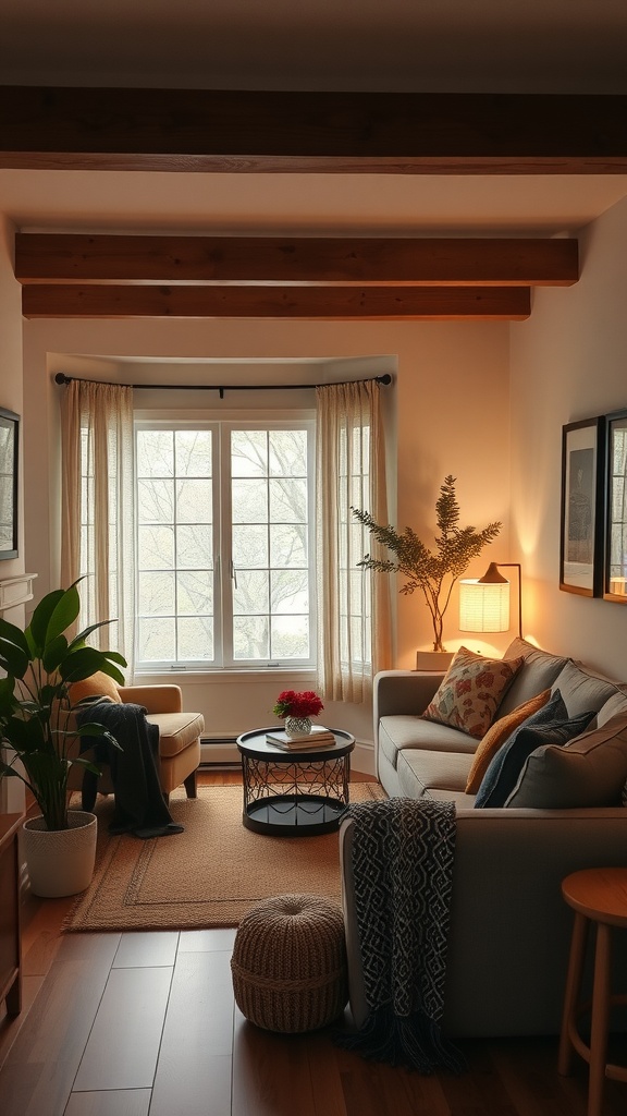 Cozy corner of a modern boho living room with a large window, comfortable seating, and warm lighting.