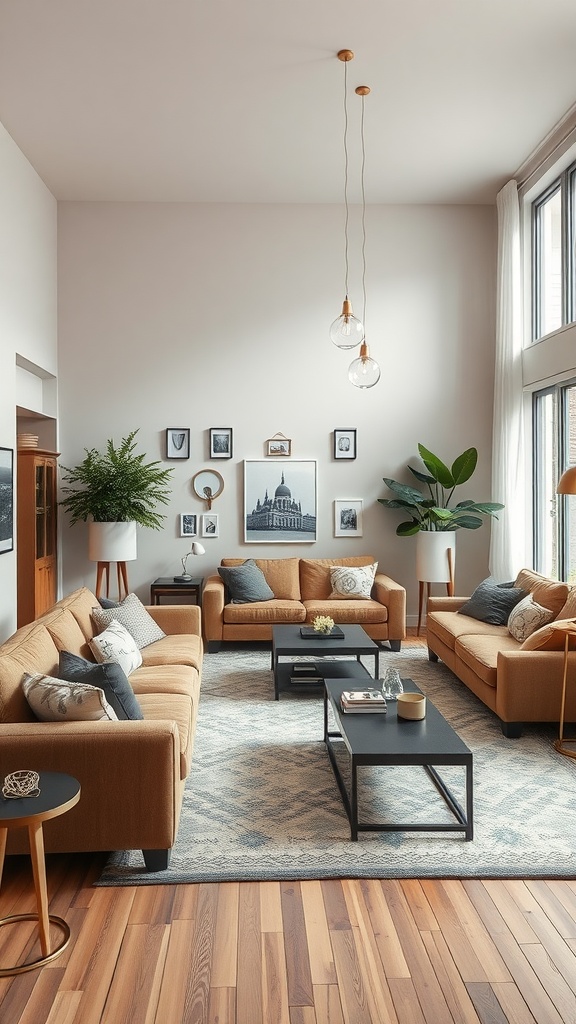 A cozy and inviting large living room with warm-colored sofas, a stylish rug, and decorative wall art.