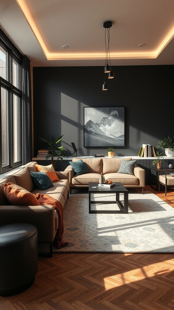 A stylish living room featuring black walls and tan furniture, accented with colorful pillows, a modern art piece, and warm lighting.