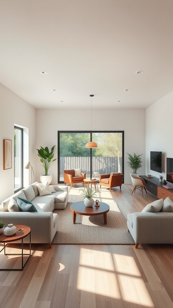 A spacious and bright living room with cozy seating, large windows, and plants.