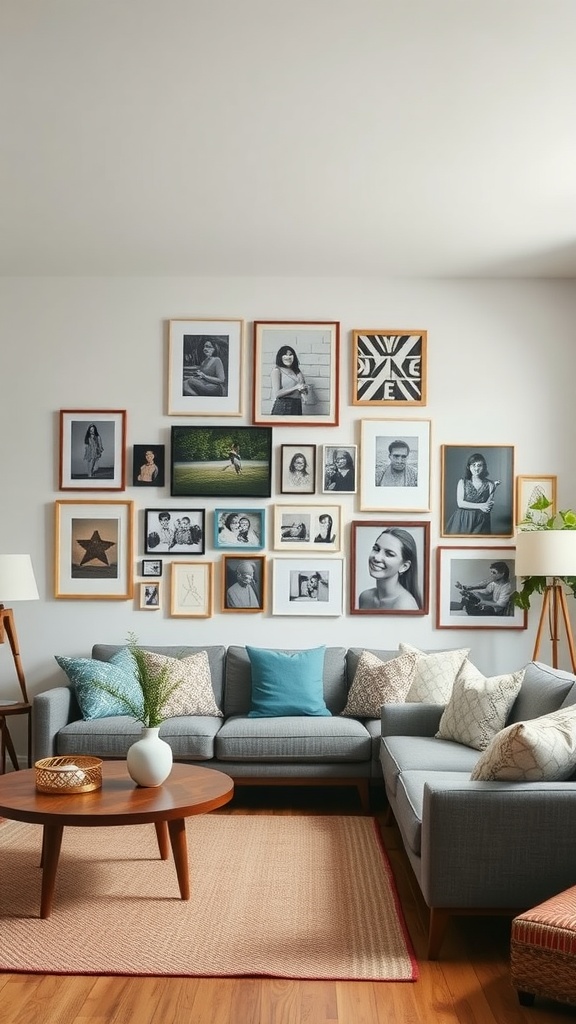 A midcentury modern living room featuring a gallery wall of framed photographs and art pieces.