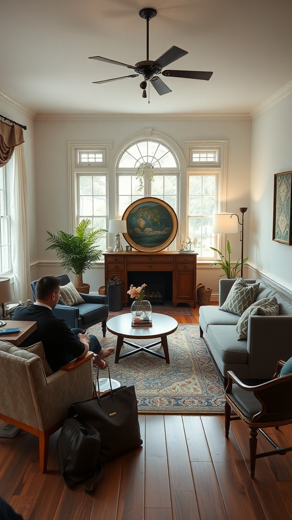 Cozy living room with intimate seating arrangement including a sofa, armchairs, and coffee table