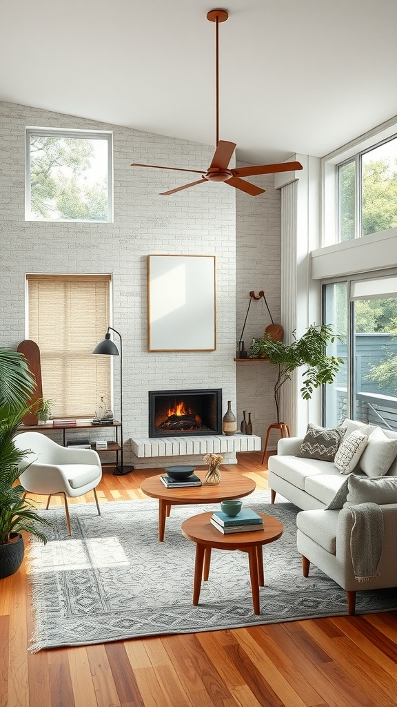 A midcentury modern living room with comfortable furniture, a fireplace, and plenty of natural light.