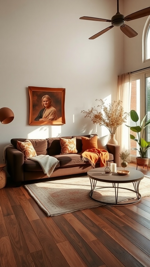 A cozy living room featuring a dark brown sofa with colorful cushions, a round coffee table, and plants, all in earthy tones