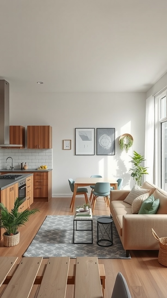 A cozy living room and kitchen combined, featuring wooden cabinets, a sofa, a dining table, and indoor plants.