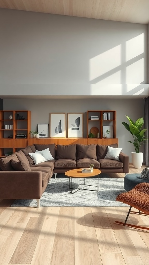 Cozy living room with a dark brown sofa, wooden bookshelves, and stylish accent chairs.