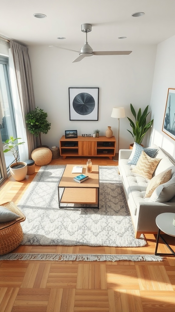 A cozy small living room with a light-colored area rug, comfortable seating, and a natural wood coffee table.