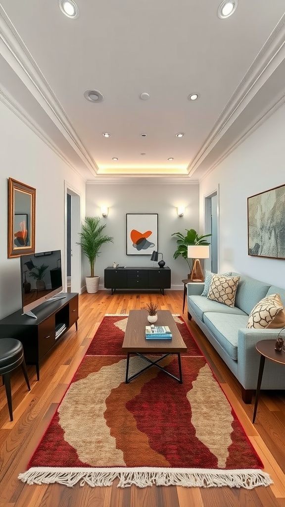 A long narrow living room featuring a vibrant area rug, a light blue sofa, and stylish decor elements.